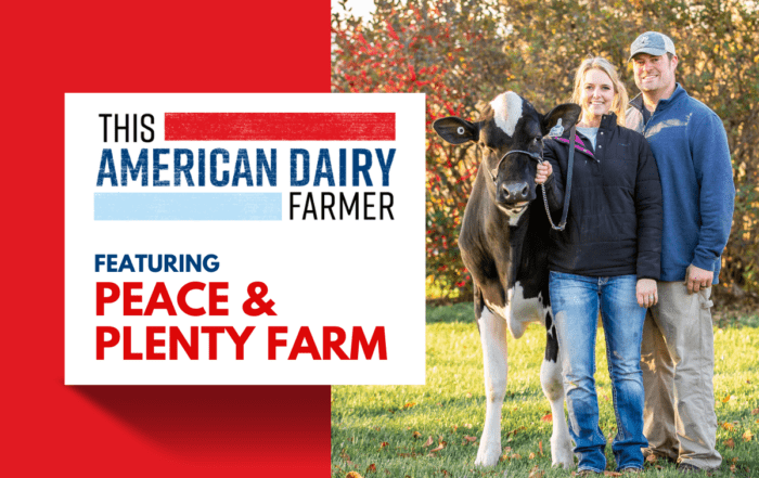 A couple of dairy farmers from Peace & Plenty farm standing next to a cow